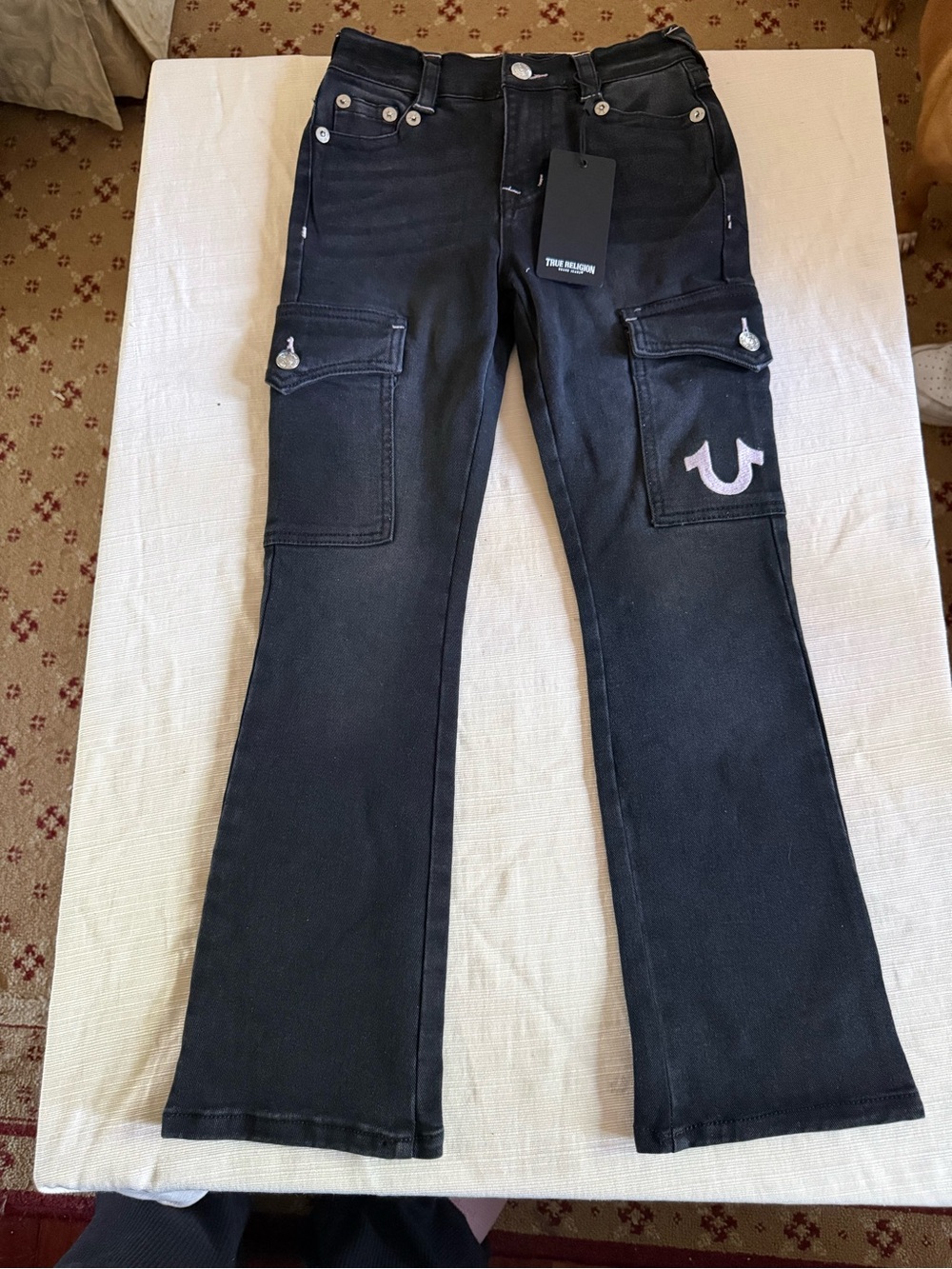True Religion Black Flared Cargo Jeans with Pink Logo